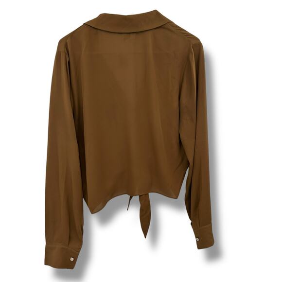 NEW BCX Retro Brown Tie Front Blouse SZ Large 70's Chiffon Boho Neutral Top NWT - Picture 8 of 11